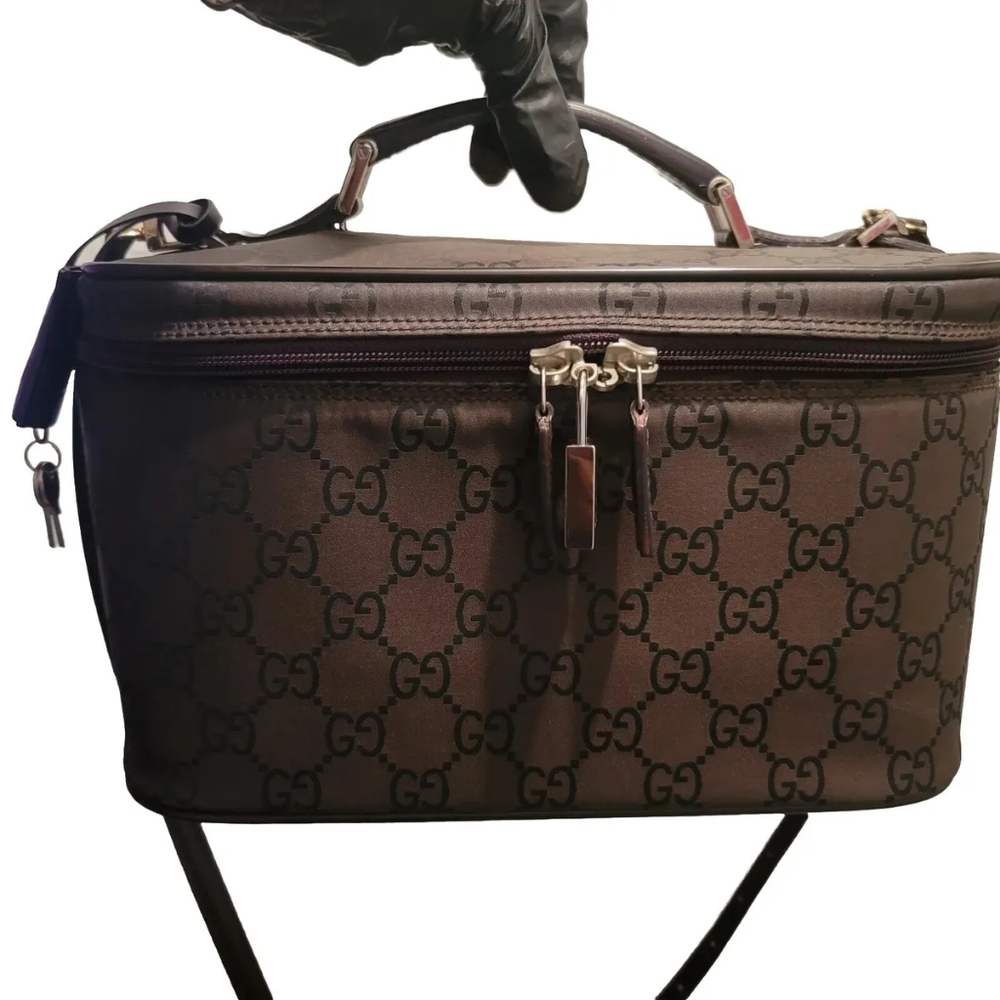 GUCCI GG LEATHER NYLON TWO-WAY TRAIN CASE VANITY BAG SHOULDER MAKEUP HANDBAG